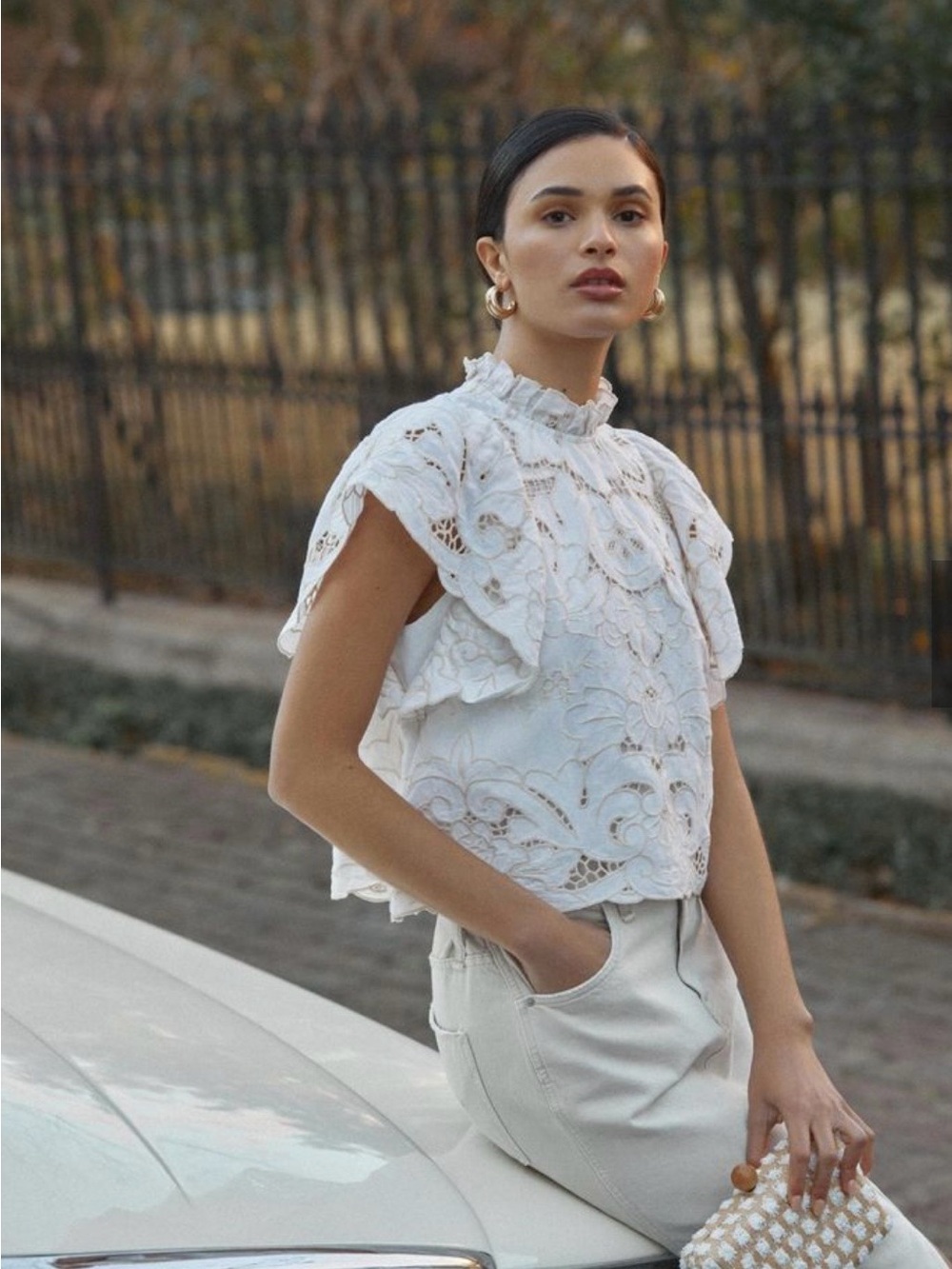 Anthropologie Ruffle Collar Lace Cut Out Blouse - Picture 2 of 5